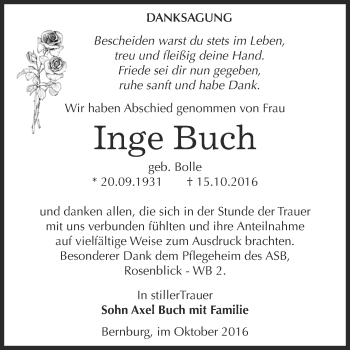 Traueranzeige von Inge Buch von Super Sonntag Bernburg