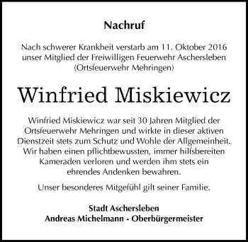 Traueranzeige von Winfried Miskiewicz von Mitteldeutsche Zeitung Aschersleben