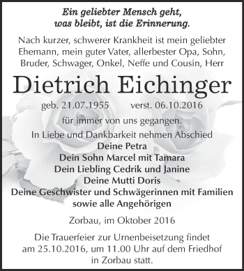 Traueranzeige von Dietrich Eichinger von WVG - Wochenspiegel NMB / WSF / ZTZ