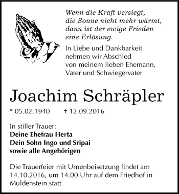 Traueranzeige von Joachim Schräpler von Mitteldeutsche Zeitung Bitterfeld