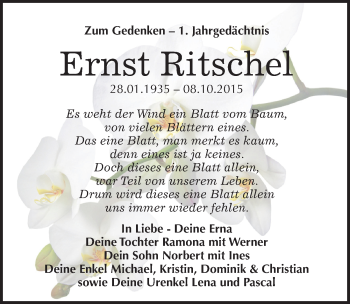 Traueranzeige von Ernst Ritschel von Mitteldeutsche Zeitung Naumburg/Nebra