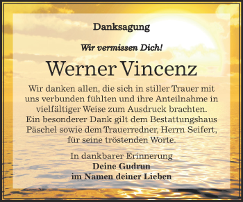 Traueranzeige von Werner Vincenz von Super Sonntag Zeitz