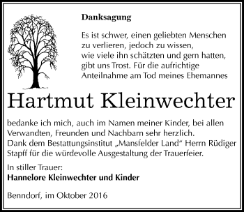 Traueranzeige von Hartmut Kleinwechter von Mitteldeutsche Zeitung Mansfelder Land