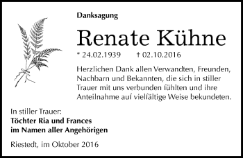 Traueranzeige von Renate Kühne von Mitteldeutsche Zeitung Sangerhausen