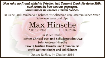 Traueranzeige von Max Hinsche von WVG - Wochenspiegel Dessau / Köthen