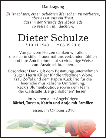 Traueranzeige von Dieter Schulze von Mitteldeutsche Zeitung Wittenberg