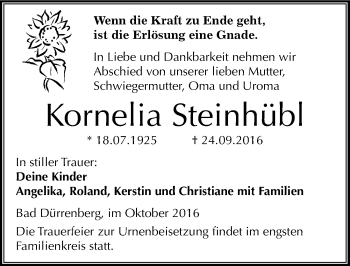 Traueranzeige von Kornelia Steinhübl von Mitteldeutsche Zeitung Merseburg/Querfurt
