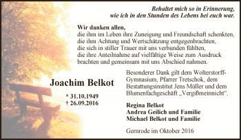 Traueranzeige von Joachim Belkot von Super Sonntag Aschersleben