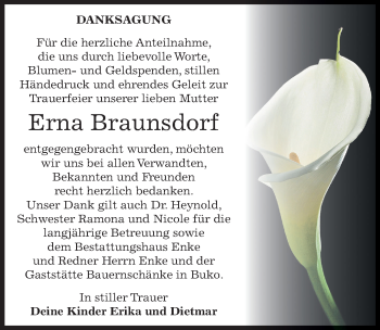 Traueranzeige von Erna Braunsdorf von Mitteldeutsche Zeitung Wittenberg