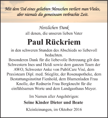 Traueranzeige von Paul Rückriem von Mitteldeutsche Zeitung Sangerhausen