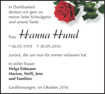 Traueranzeige von Hanna Hund von Super Sonntag SGH Mansf. Land
