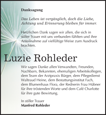 Traueranzeige von Luzie Rohleder von Mitteldeutsche Zeitung Merseburg/Querfurt