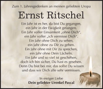 Traueranzeige von Ernst Ritschel von Mitteldeutsche Zeitung Naumburg/Nebra