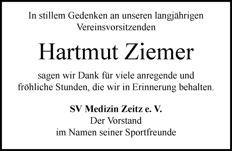  Traueranzeige für Hartmut Ziemer vom 26.10.2016 aus Mitteldeutsche Zeitung Zeitz