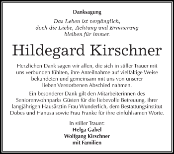 Traueranzeige von Hildegard Kirschner von Super Sonntag Bernburg