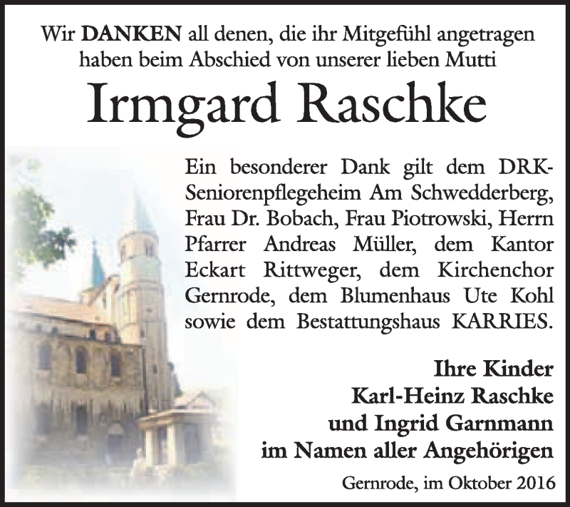  Traueranzeige für Irmgard  Raschke vom 22.10.2016 aus WVG - Wochenspiegel Quedlinburg