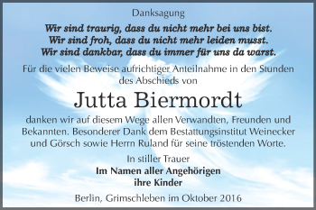 Traueranzeige von Jutta Biermordt von Super Sonntag Bernburg