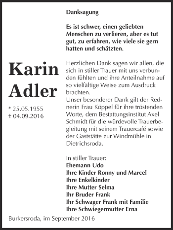 Traueranzeige von Karin Adler von WVG - Wochenspiegel NMB / WSF / ZTZ