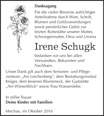 Traueranzeige von Irene Schugk von WVG - Wochenspiegel Wittenberg