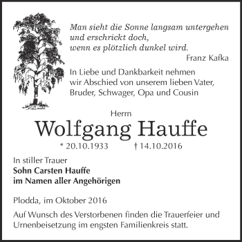 Traueranzeige von Wolfgang Hauffe von WVG - Wochenspiegel Bitterfeld