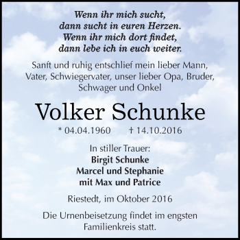 Traueranzeige von Volker Schunke von Super Sonntag SGH Mansf. Land