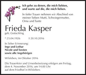Traueranzeige von Frieda Kasper von Mitteldeutsche Zeitung Aschersleben