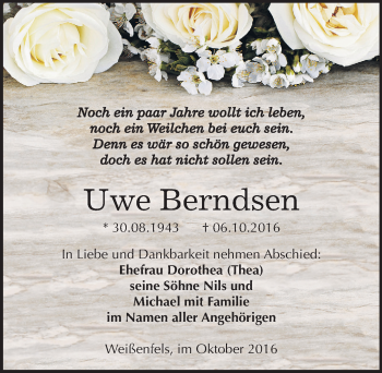 Traueranzeige von Uwe Berndsen von Mitteldeutsche Zeitung Weißenfels