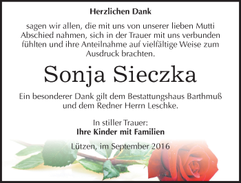 Traueranzeige von Sonja Sieczka von Mitteldeutsche Zeitung Weißenfels
