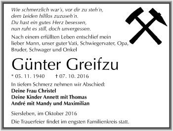 Traueranzeige von Günter Greifzu von Mitteldeutsche Zeitung Mansfelder Land
