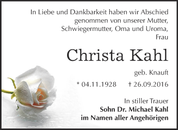 Traueranzeige von Christa Kahl von Super Sonntag Bernburg