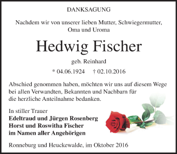 Traueranzeige von Hedwig Fischer von Mitteldeutsche Zeitung Zeitz