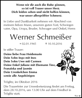 Traueranzeige von Werner Schmeißer von Mitteldeutsche Zeitung Zeitz