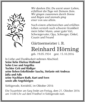 Traueranzeige von Reinhard Hörning von Mitteldeutsche Zeitung Mansfelder Land