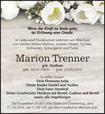 Traueranzeige von Marion Trenner von Mitteldeutsche Zeitung Köthen