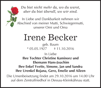 Traueranzeige von Irene Becker von Mitteldeutsche Zeitung Dessau-Roßlau