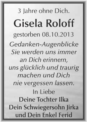Traueranzeige von Gisela Roloff von Super Sonntag Merseburg