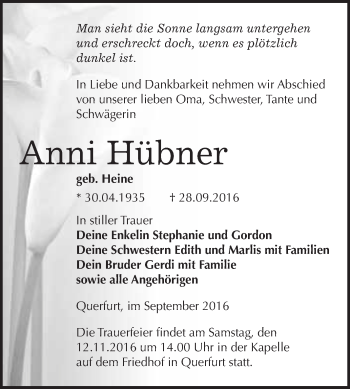 Traueranzeige von Anni Hübner von WVG - Wochenspiegel Merseburg