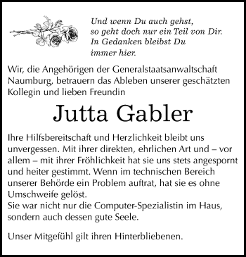 Traueranzeige von Jutta Gabler von Mitteldeutsche Zeitung Naumburg/Nebra