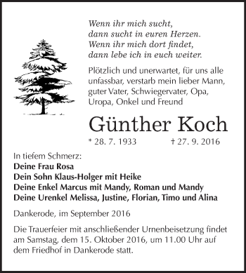 Traueranzeige von Günther Koch von WVG - Wochenspiegel Quedlinburg