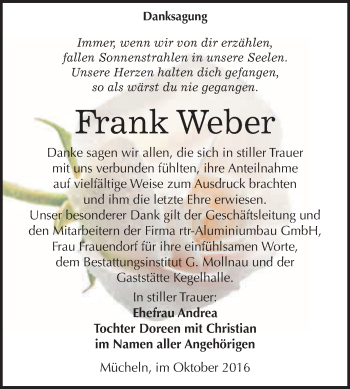 Traueranzeige von Frank Weber von WVG - Wochenspiegel Merseburg