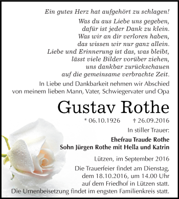 Traueranzeige von Gustav Rothe von Super Sonntag Merseburg