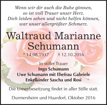 Traueranzeige von Waltraud Marianne Schumann von Mitteldeutsche Zeitung Zeitz