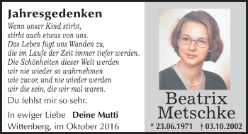 Traueranzeige von Beatrix Metschke von Mitteldeutsche Zeitung Wittenberg