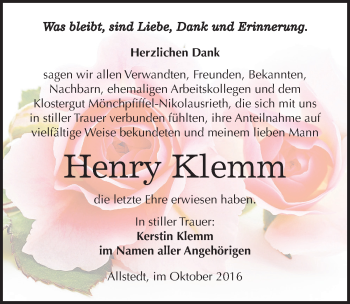 Traueranzeige von Henry Klemm von Mitteldeutsche Zeitung Sangerhausen