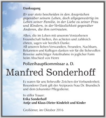 Traueranzeige von Manfred Sonderhoff von Super Sonntag SGH Mansf. Land