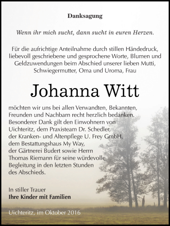 Traueranzeige von Johanna Witt von WVG - Wochenspiegel NMB / WSF / ZTZ