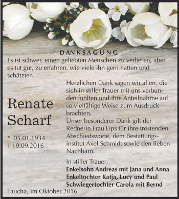 Traueranzeige von Renate Scharf von WVG - Wochenspiegel NMB / WSF / ZTZ