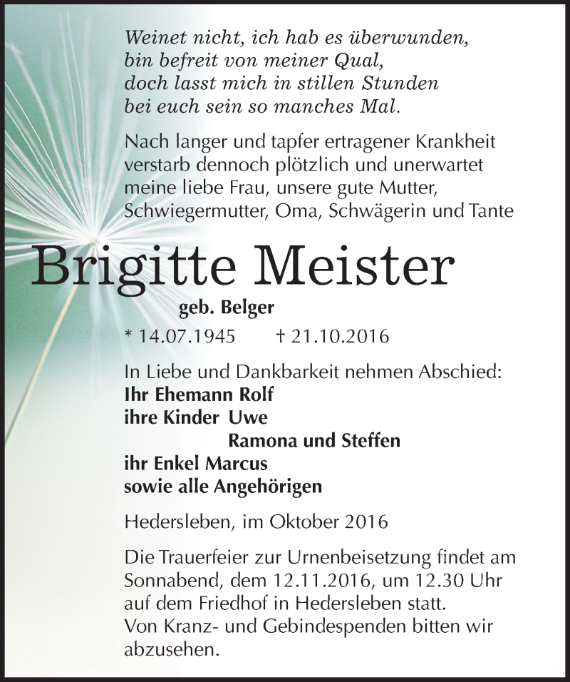  Traueranzeige für Brigitte Meister vom 29.10.2016 aus Mitteldeutsche Zeitung Mansfelder Land