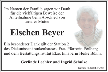 Traueranzeige von Elschen Beyer von WVG - Wochenspiegel Dessau / Köthen