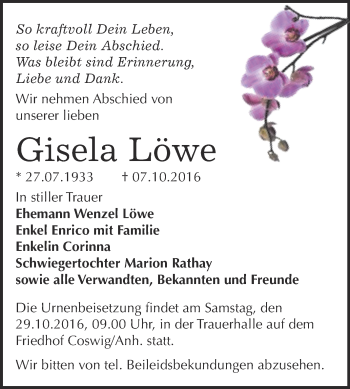 Traueranzeige von Gisela Löwe von Super Sonntag Wittenberg